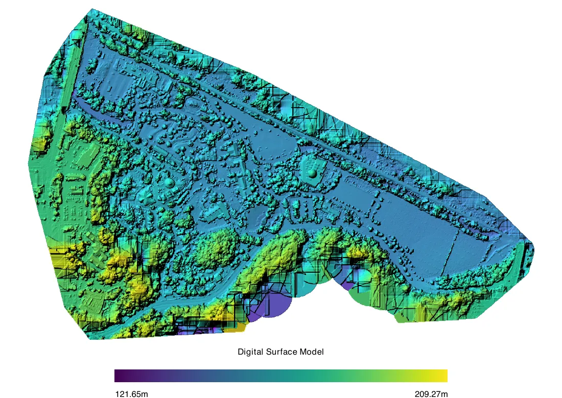 Surface model in a colour scale from 122 to 209 metres, with flat discs and steps along the south edge.