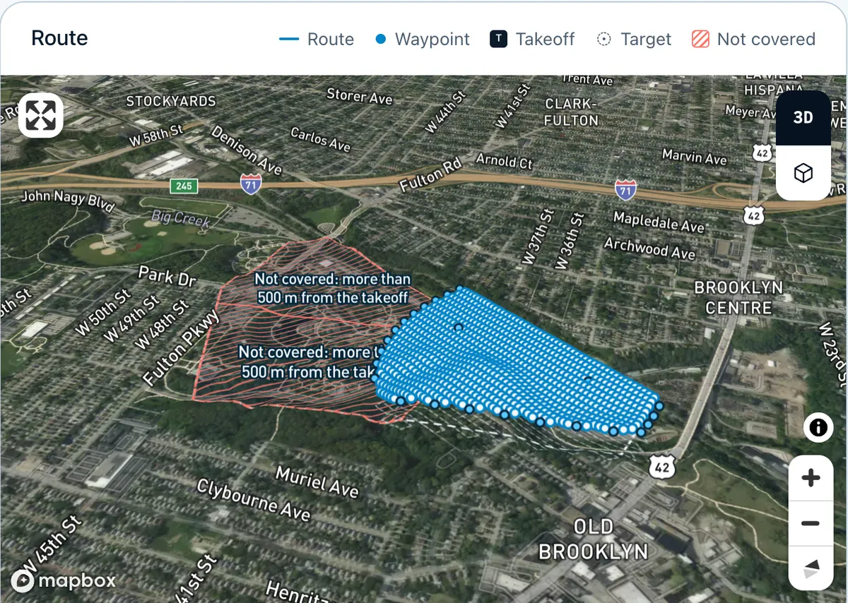 The plan in the app: a dense grid of waypoints over the east part of the zoo, and the west part hatched as not covered.